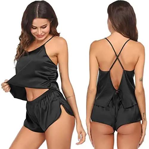 Silk Pajamas Set for Women Satin Backless Lingerie Pjs Cami Top and Shorts Nightwear - Love Salve